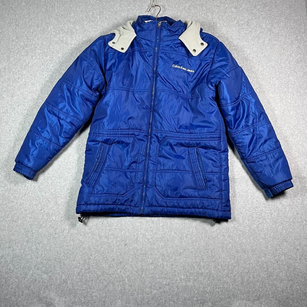 Calvin Klein Jeans Puffer Coat Boys Size XL Hooded Royal Blue Gray Fleece Hood